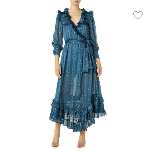 MISA Gabriella Asymmetric Striped Wrap Midi-Dress Chiffon Ruffles - Picture 1 of 12